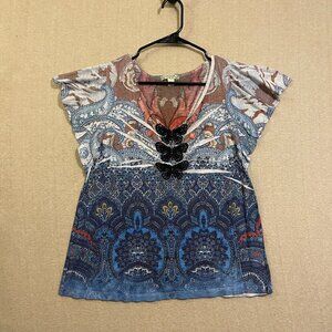 Energe Top Women's Medium Multicolor Cap Sleeves Butterflies